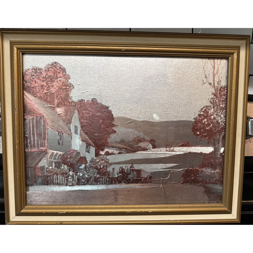 Vintage Franklin Foil Lithograph Signed Country Horse Carriage Framed 19x15
